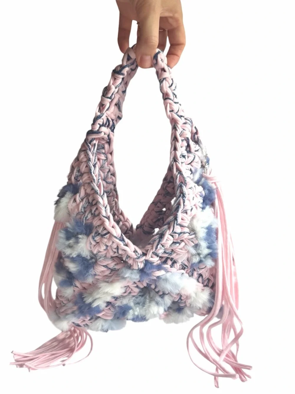 The TRIANGLE Crochet Top-Handle Bag — Pink & Blue with Fringe